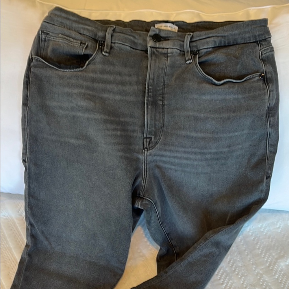 Good American High Rise Gray Jeans with Stretch and Faded Look